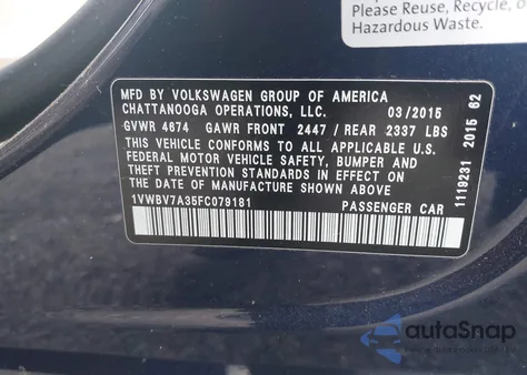 2015 Volkswagen Passat 2.0L Tdi Se из США, поврежденный, VIN 1VWBV7A35FC079181